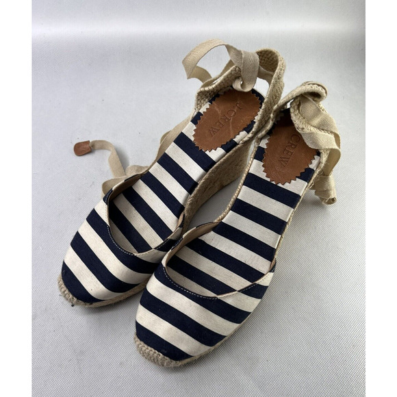 J. Crew Espadrille Wedges Ankle Wrap Striped Canvas Fabric Platform Heel Size 9 - Picture 2 of 6